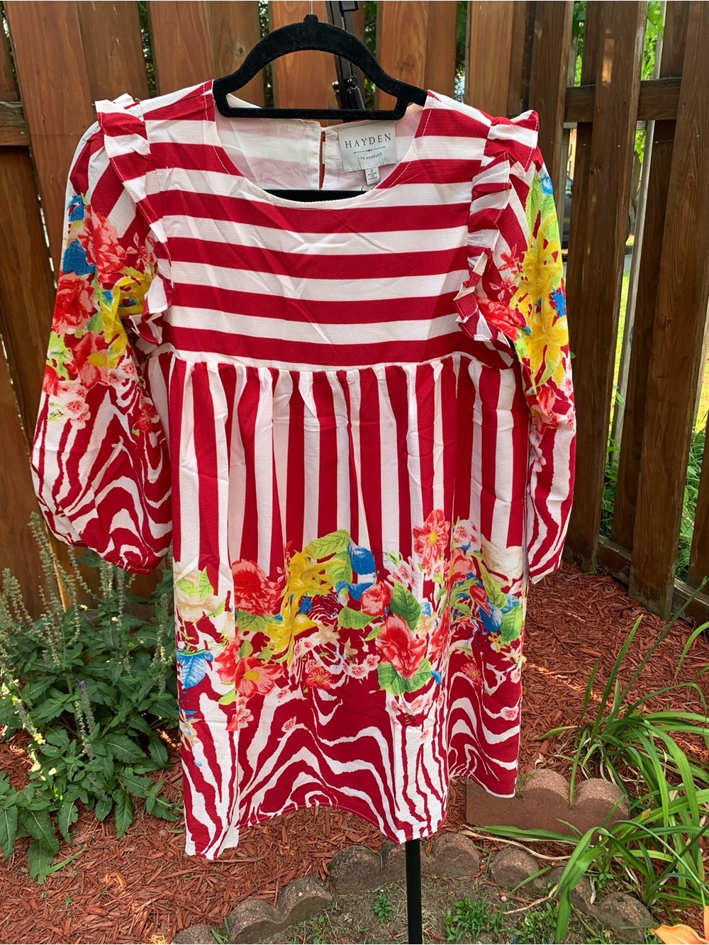 Hayden Red & White Striped Floral Long Sleeve Dress